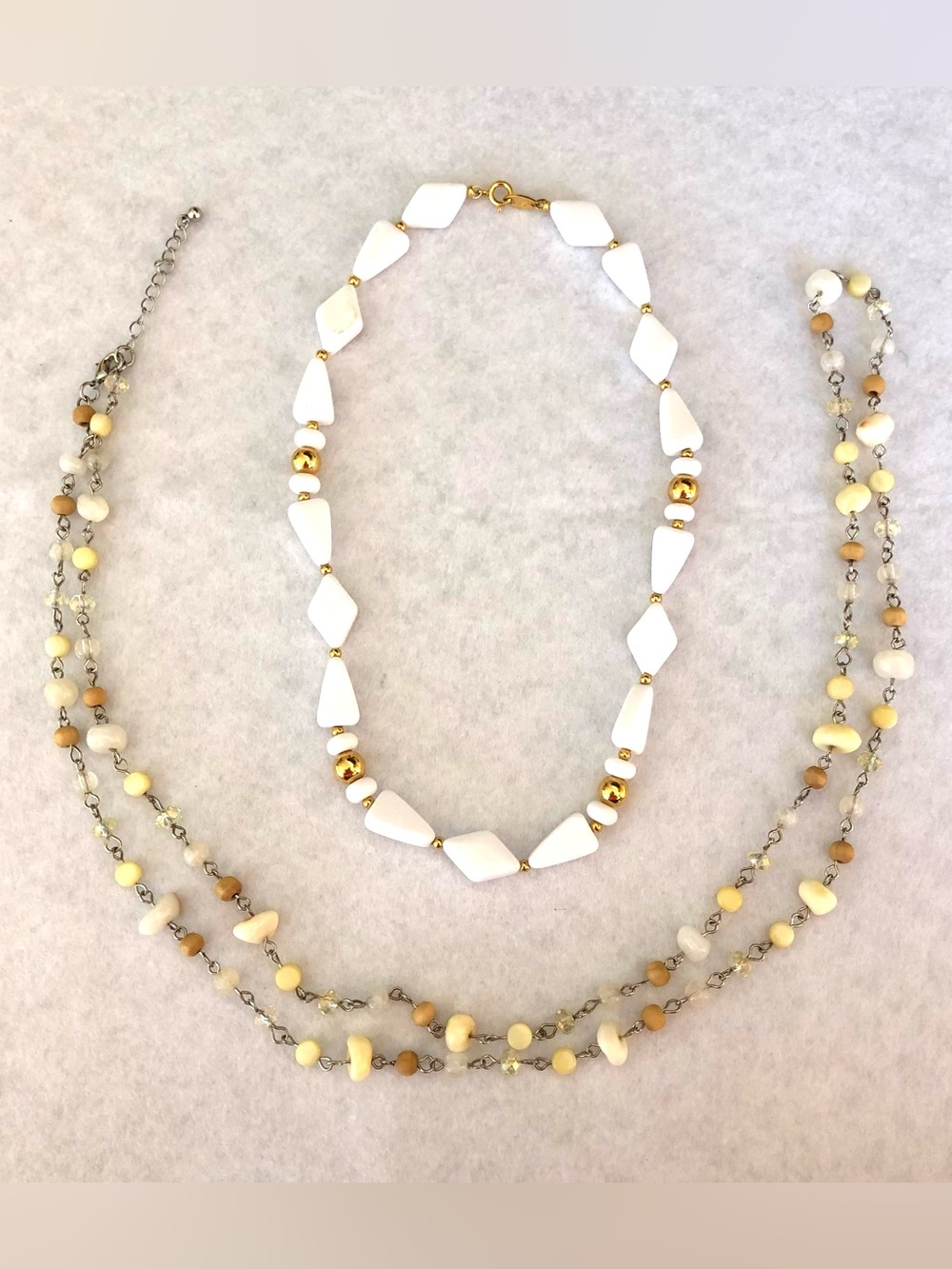 Two Beachy Summer Necklaces ~ 1 Vintage Trifari ~ Coastal White Cream Tan & Gold